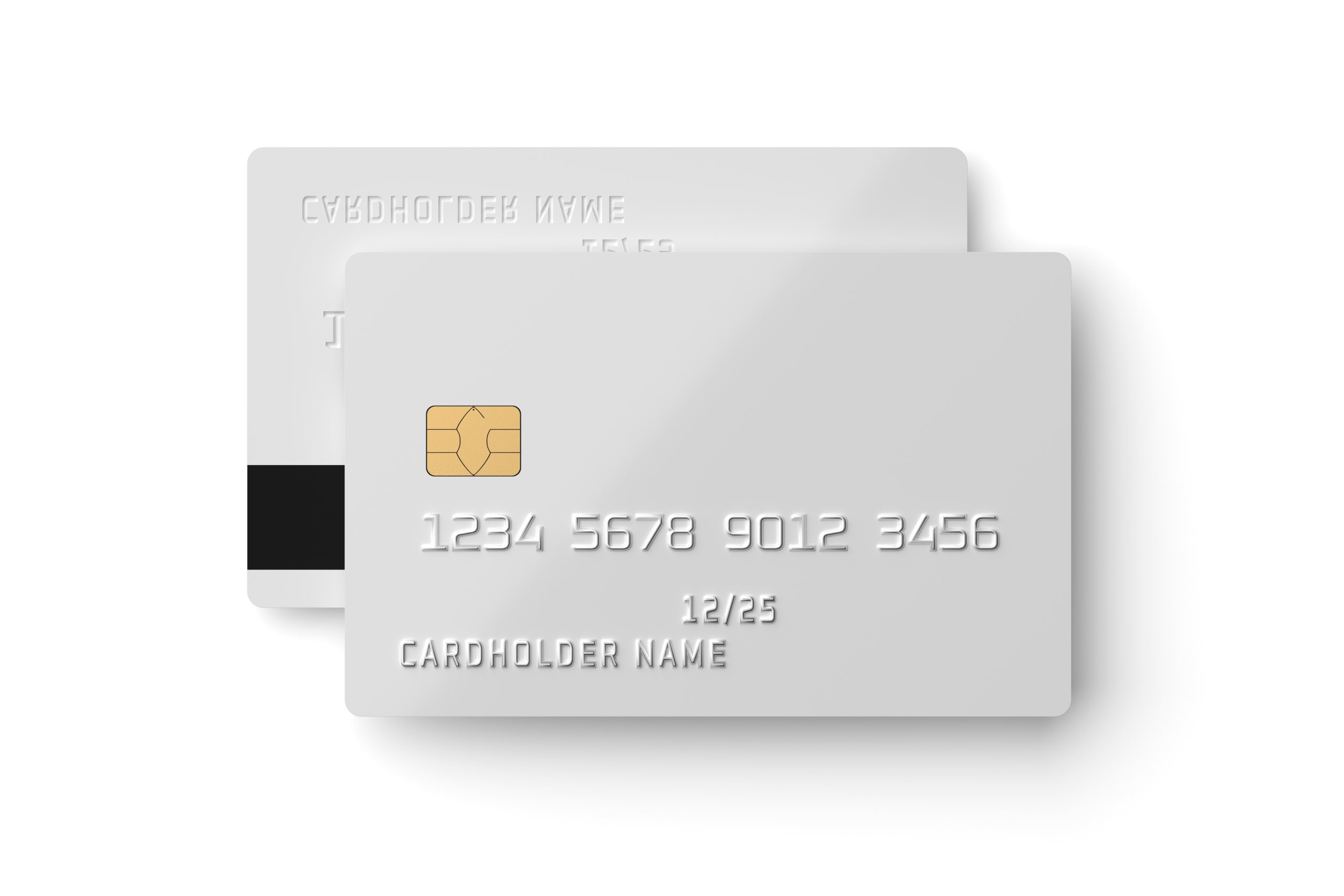 Front side of white plastic card isolated on white. 3D rendering. Front side of white plastic card isolated on white. 3D rendering.